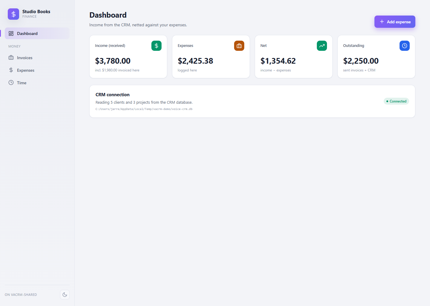 Studio Books dashboard