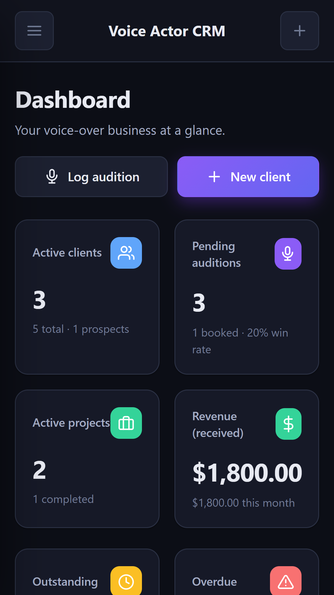 VoiceOver CRM dashboard on Android